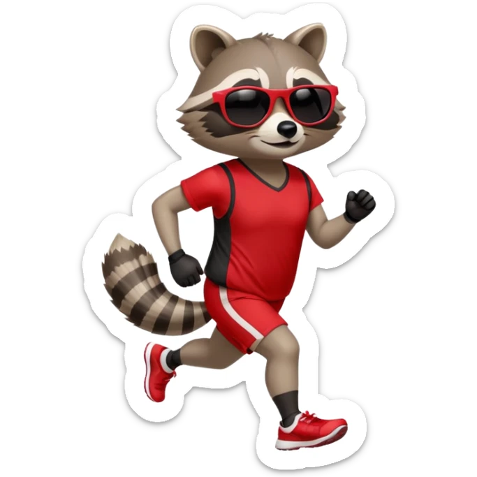 friendly anthropomorphised raccoon in sports wear, wearing dark sunglasses, jogging upright in standard pose sticker