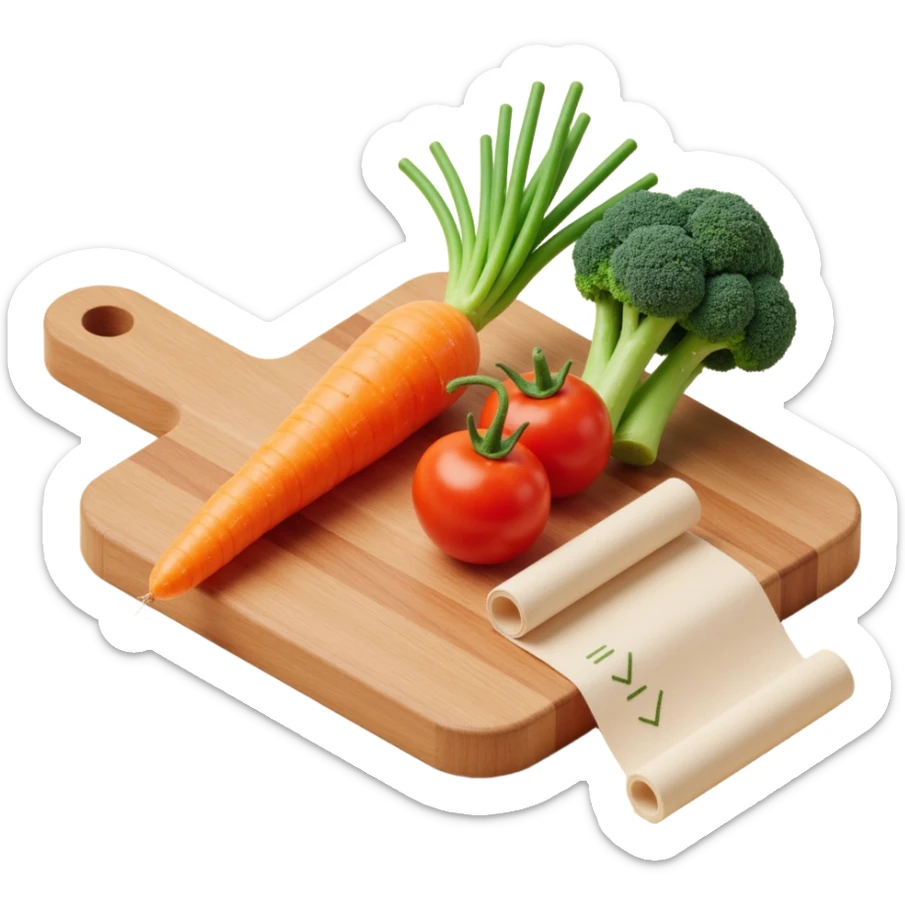 carrot tomato brocoli on the wooden cutting board with floating rolled paper list with checkbox sticker
