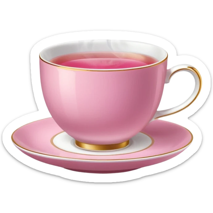 pink teacup filled with tea, placed on a matching pink saucer, with gentle steam rising from the cup.  sticker