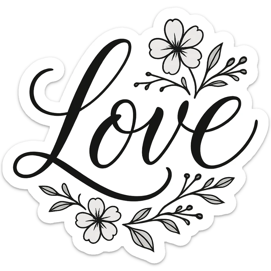 the word 'love' in elegant calligraphy with floral accents, no background sticker