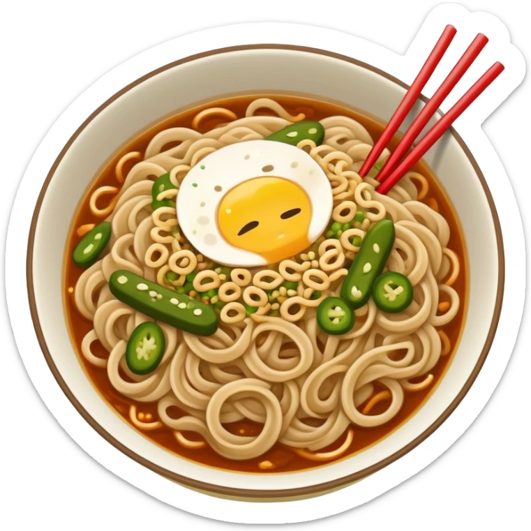 Wuhan hot dry noodles with sesame paste and pickles, simplified emoji style with bold outlines and bright colors, cartoon style Hubei breakfast Re Gan Mian sticker