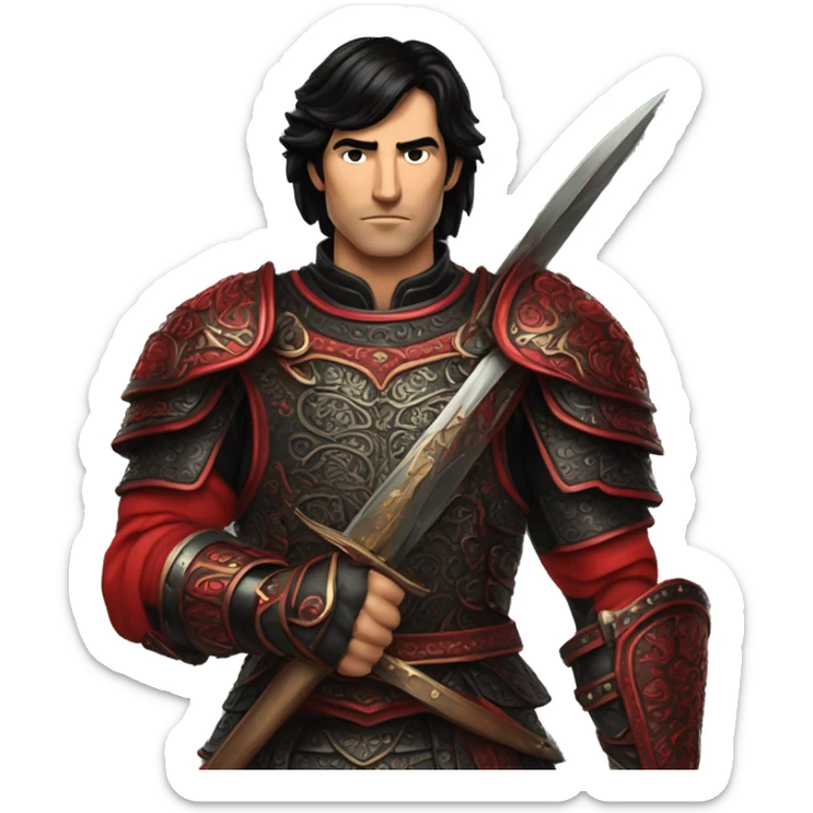Vintage Tanned man with black hair and stern face wearing red and black armour holding sword vintage intricate patterns sticker