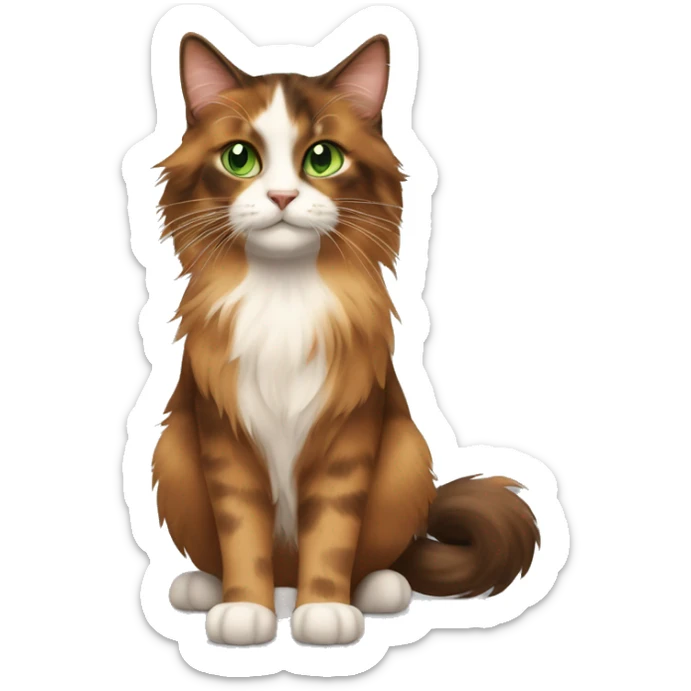 Long-haired, brown and brown calico cat with green eyes a girl next to her sticker
