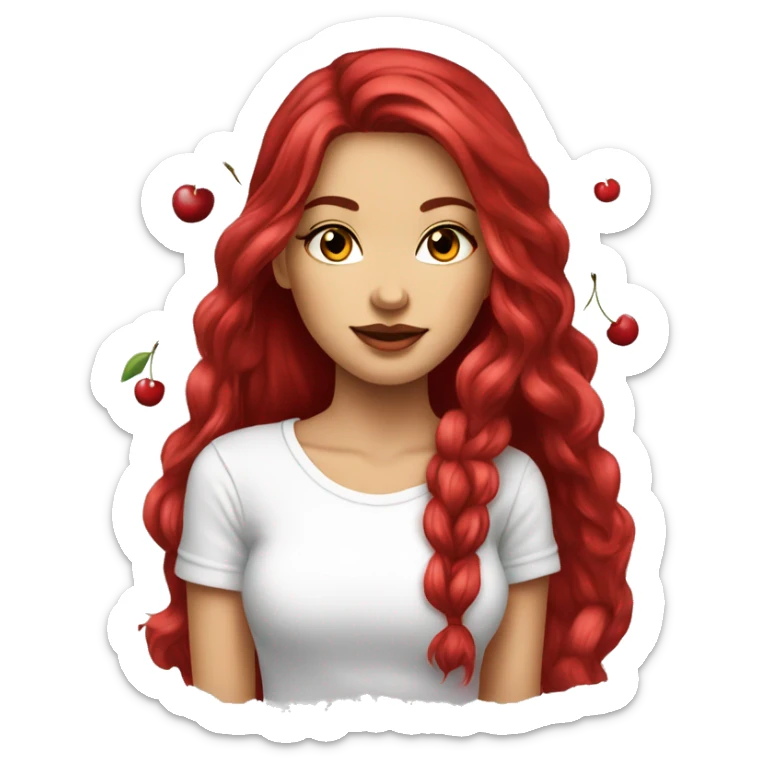 cherry red long hair beautiful woman wear white t-shirt with cherry print  sticker