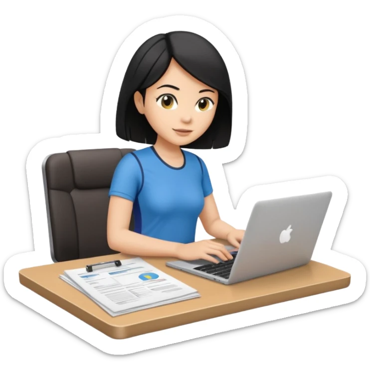 short white lady with black shoulder length hair who is a runner, used to be a teacher, and works remotely through a laptop as a documents engineering manager. sticker