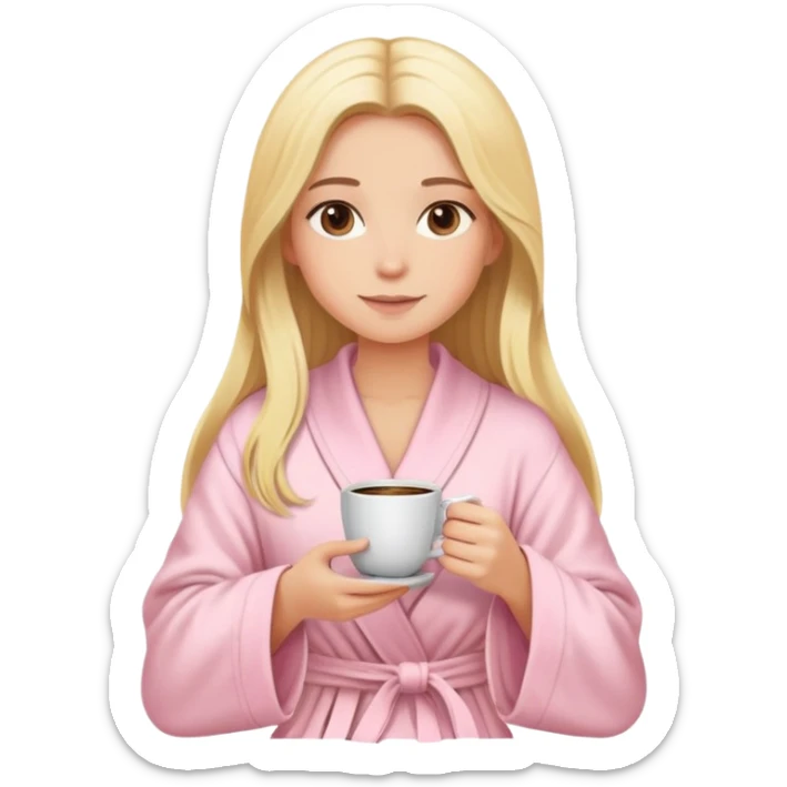 girl with long blonde hair sitting a cup of coffee wearing light pink robe sticker