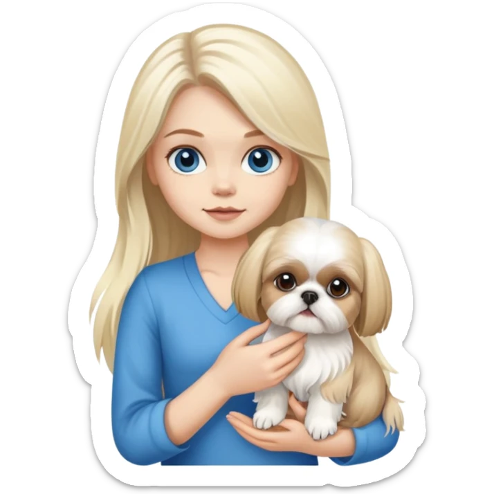 White blond girl with long hair and blue eyes holding a small female shih tzu dog sticker