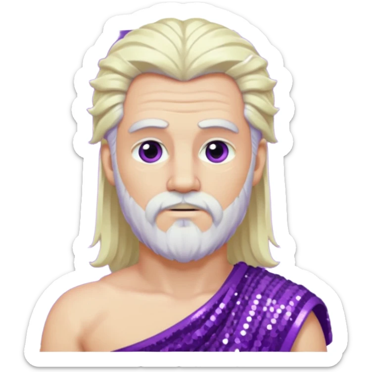 Zeus from Greek Gods with long platinum blonde hair and short beard, purple sequin toga sticker