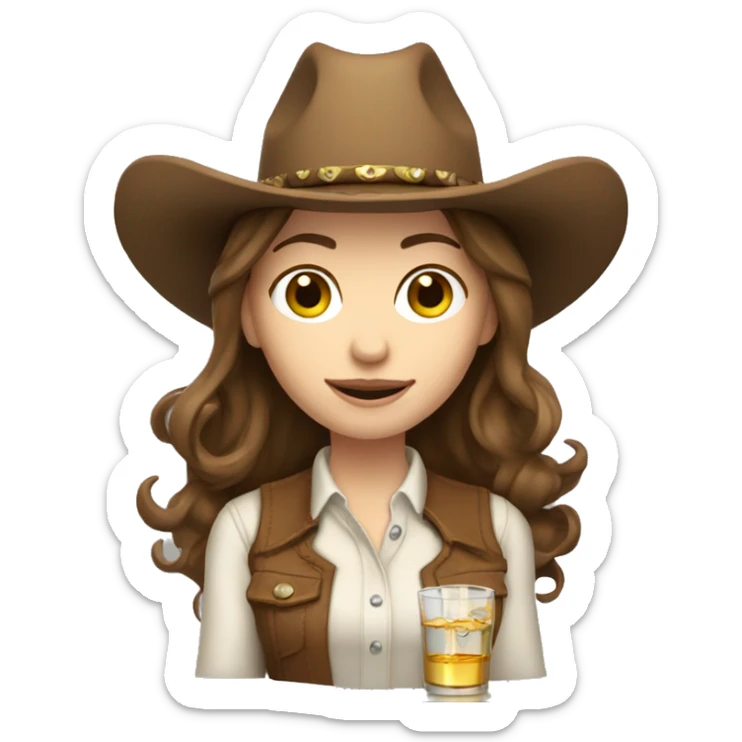 Pale woman, cowgirl, with brown hair and holding tequila  sticker