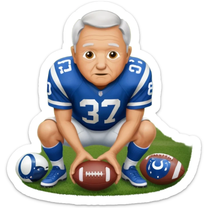 A grandpa playing football wearing an Indianapolis Colts jersey is. Show him kind of crouch down to the ground, holding the football and show the name rivers on the back of his jersey. sticker