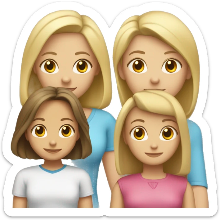 A mom with a bob haircut is a blonde,   A teenage girl with long hair is a blonde,   A younger girl has brown hair,   A 4-year-old boy is blonde. sticker