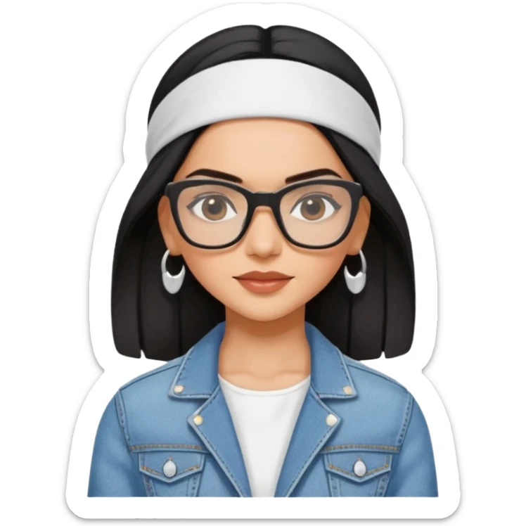 generate a pretty bratz emoji 
Make her wear a white dress with a denim jacket over it. black hair side part with a white headband

She should look exactly  like Deepika padukone. wearing rectangular spectacle sticker