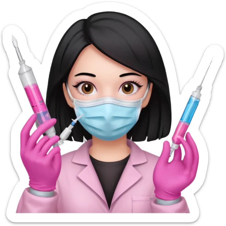 laboratorista con guantes rosa y mascarilla rosa  jeringa tubos  sin lentes pelo lacio negro y largo  sticker