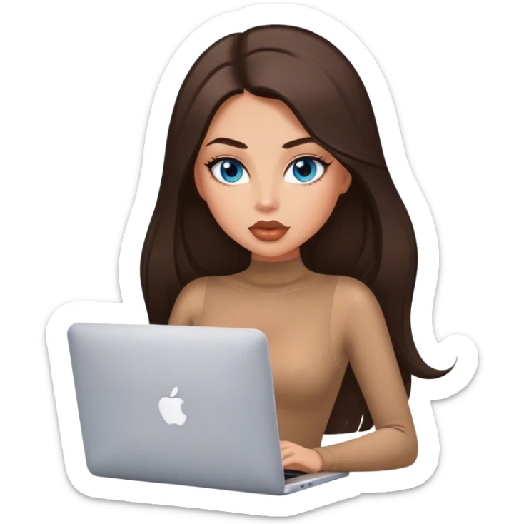 Glamours tanned very beautiful girl with big pump peach lips and dark chocolate straight smooth long hair, blue eyes in brown/beige bodysuit with MacBook sticker
