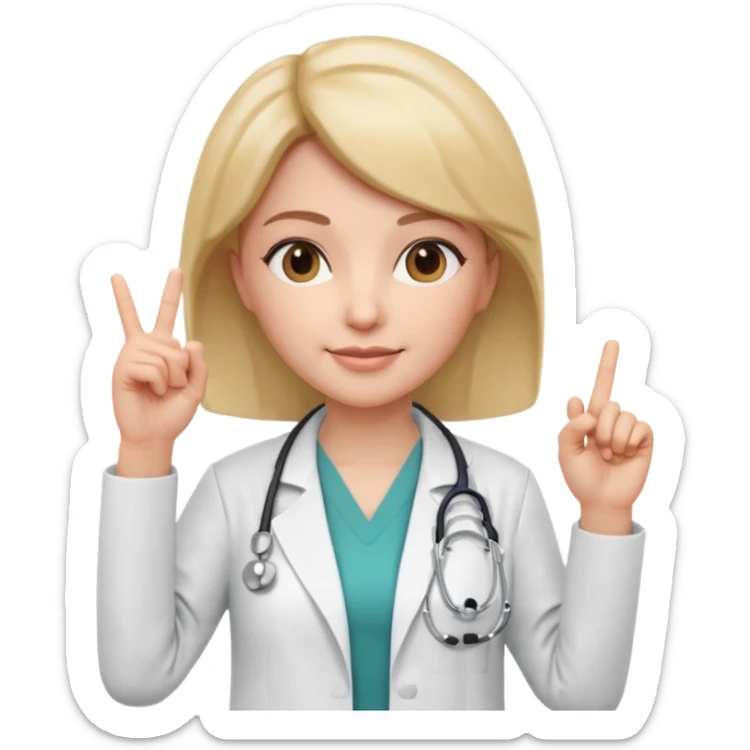 3D memoji style female doctor, white medical coat, stethoscope, raising index finger up like giving important advice, confident facial expression, slight smile, centered, transparent background, sticker