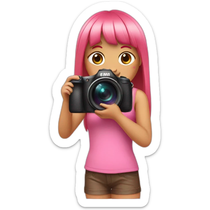 girl with long, straight rose hair with bangs and holding camera and wearing pink tank top sticker