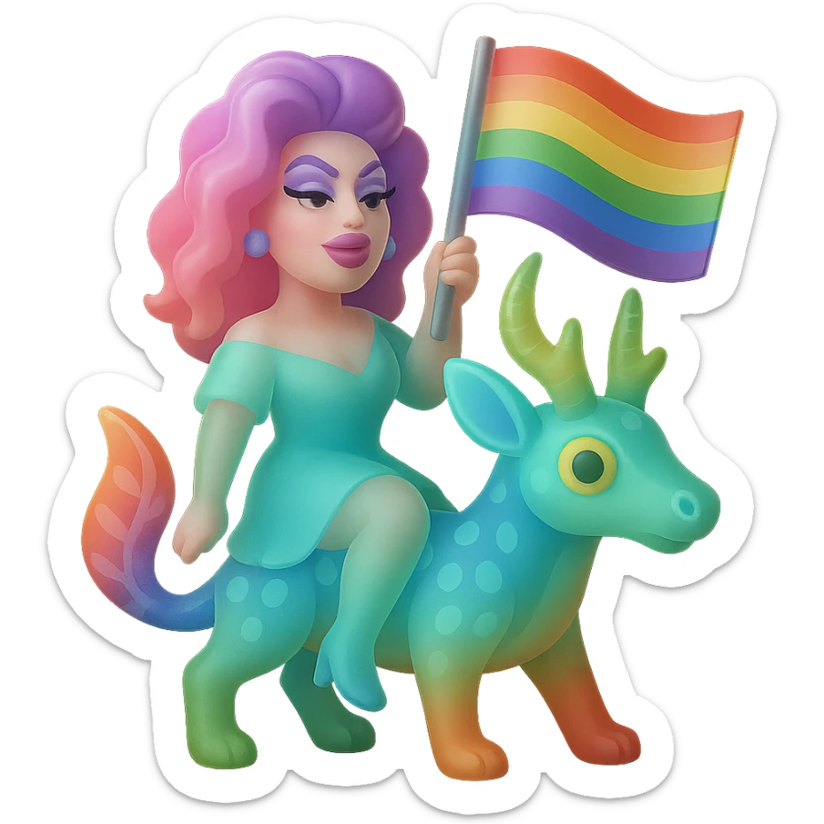 drag queen on an alebrije, holding an LGBTQ flag, in a matte glass style sticker