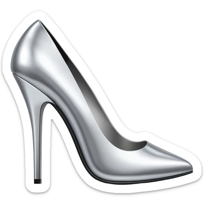 A pair of high heel shoes emoji made of polished silver chrome, elegant sharp silhouette, smooth metallic surface, glossy reflections, luxury sexy vibe, minimalistic iOS emoji style, centered, clean white background sticker