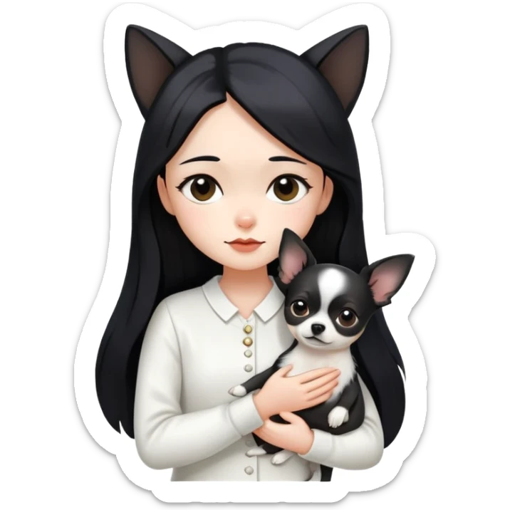 A girl with fair skin, long black hair, white clothes, gently tilting her head, holding a black Chihuahua tightly with both hands sticker