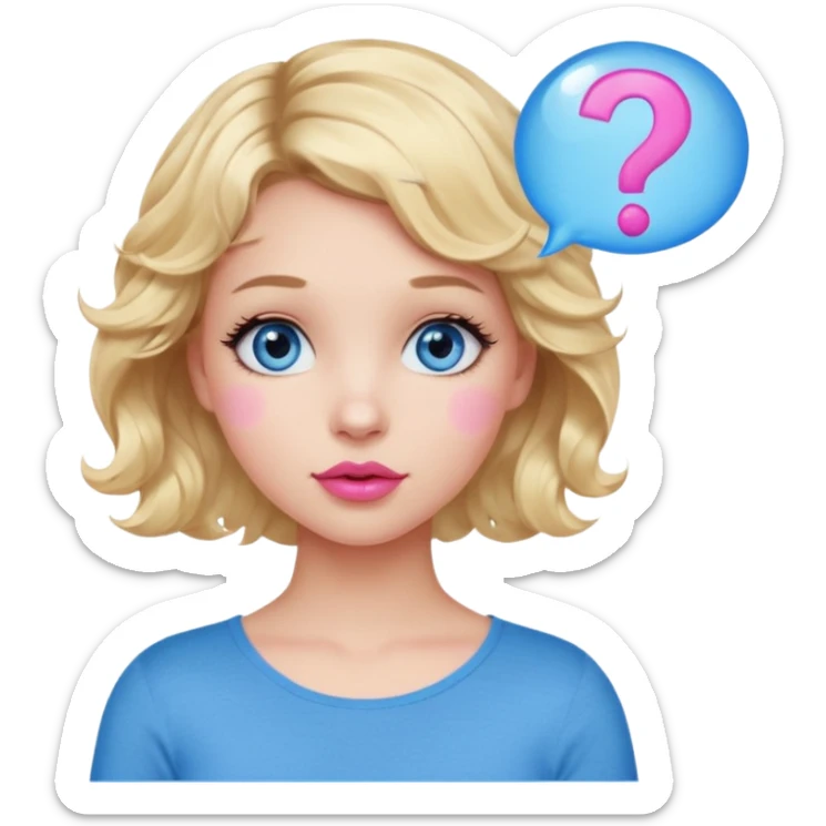 Girl Blonde short wavy hair,  blue eyes, cute blue top, long lashes, pink lips, question mark bubble sticker
