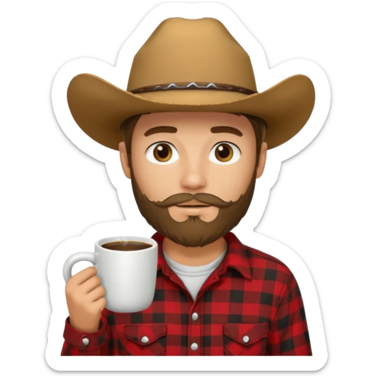 generate an ios genmoji of a 20 year old tan boy with a cowboy hat and french beard. Wearing a flannel and carrying a coffee mug sticker