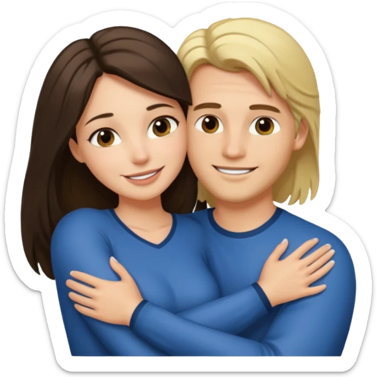 A happy boyfriend and girlfriend hug. She is brunette sexy with long hair. He is blonde short hair sticker