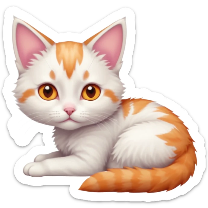 full body of very small + skinny ginger and white kitten with deep orange eyes and triangular shaped face lying down sticker