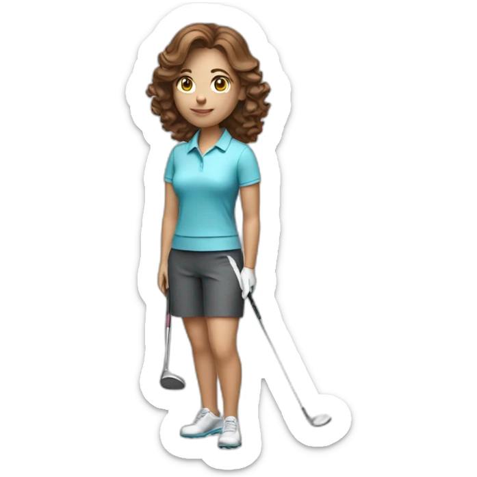female with brown wavy hair dressed in golfwear with golf club and golf ball sticker