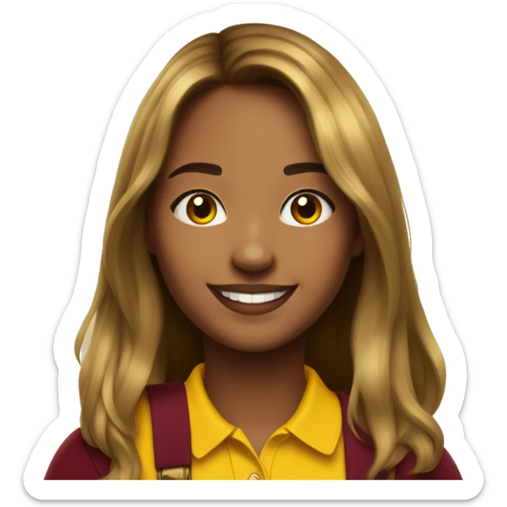 a mid length hair with curtain bangs beautiful girl smiling wearing a yellow polo with maroon id lanyard  sticker