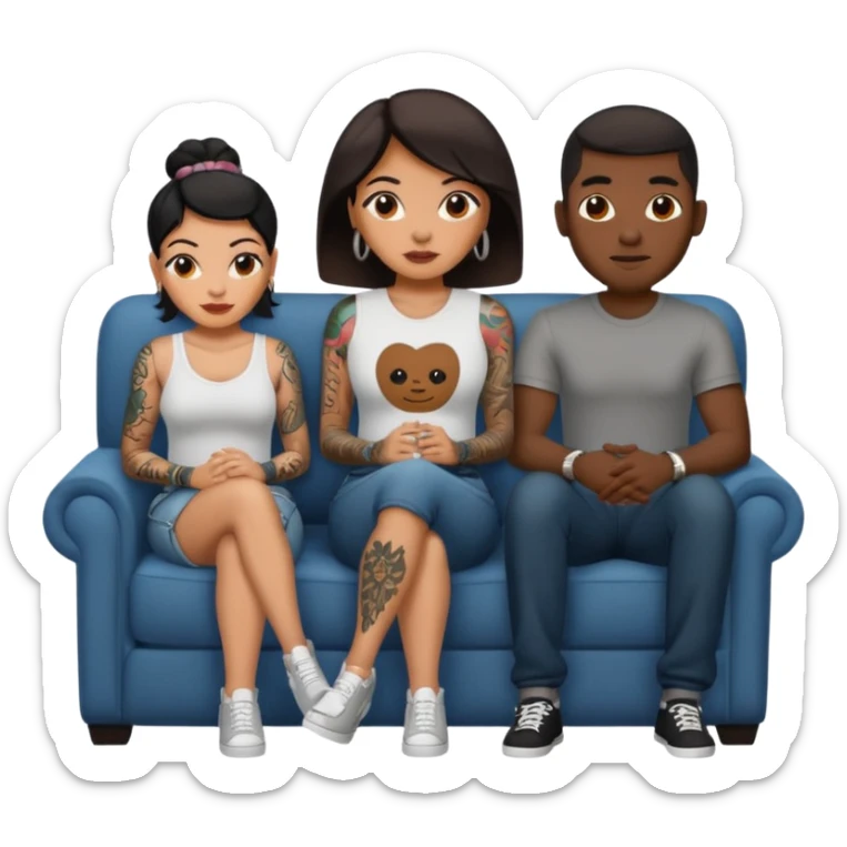 couch, naked people sitting: latina tattoed female, 2 black males sticker
