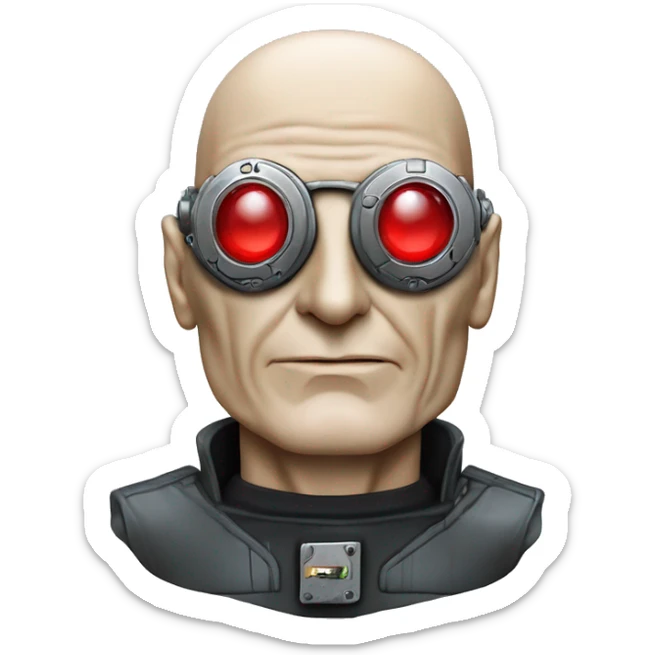 Jean luc picard from Star Trek assimilated by the Borg, with mechanical metal covering one eye with a red glass lens sticker