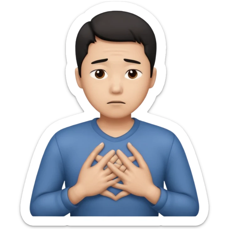 first asian man put his hands on his chest where his heart is, to showw howw he feeels. With a sad exxpression  sticker