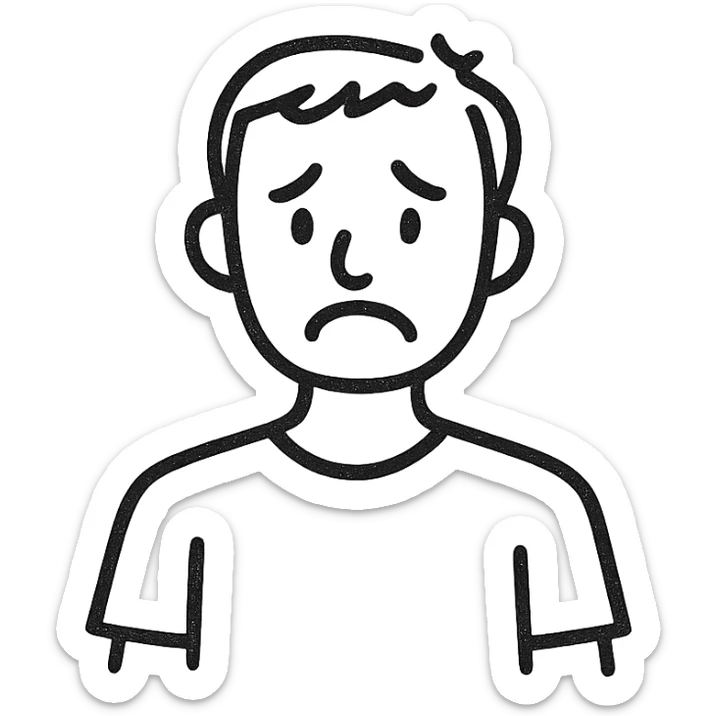 outlined icon of a man in a t-shirt, sad face, black and white, no background sticker