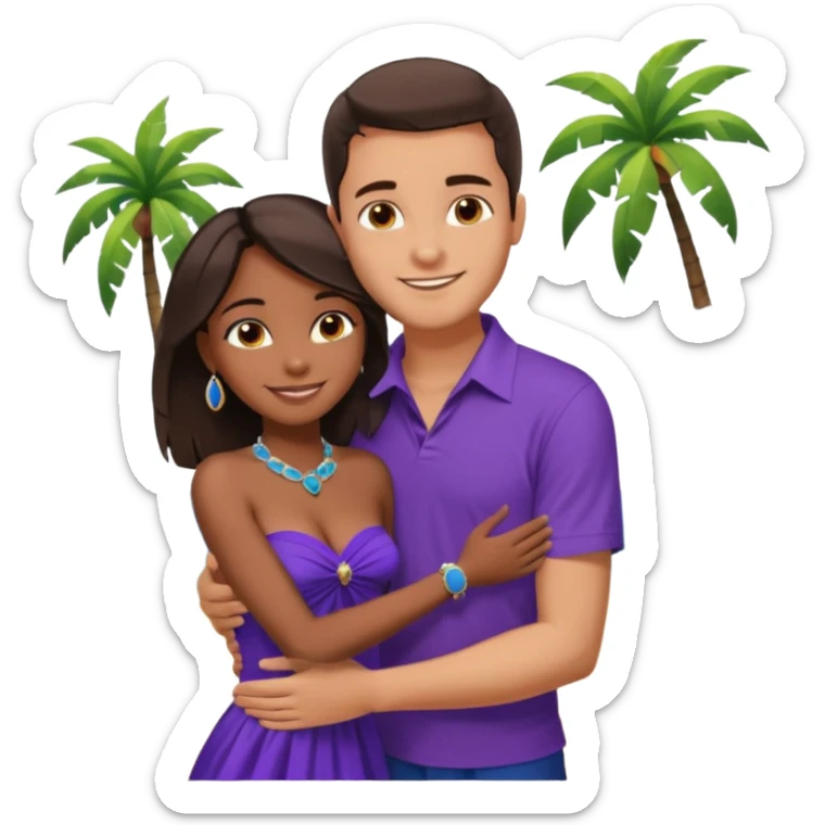 Tan tall brunette European male in blue shirt smiling and hugging a jet black African girl in purple strapless dress and blue jewelry they are on a beach with palm trees sticker