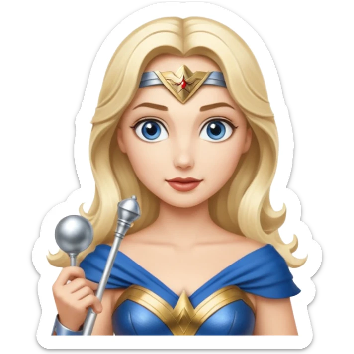 Blonde blue eyes Wonder Woman holding bell and short white orchestra conductor’s baton  sticker