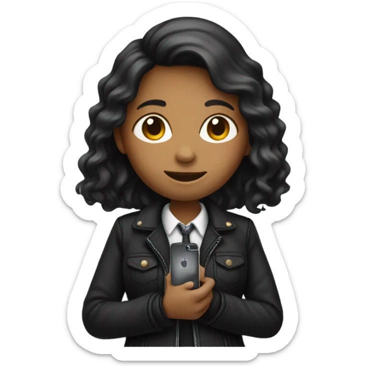 Standing girl emoji: black jacket, asian Poses: holding phone, sticker