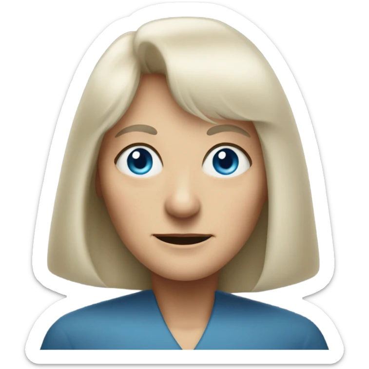 Aged crone woman, shoulder length blonde hair with bangs, blue eyes with wisdom sticker