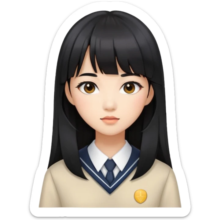 stylish woman with Asian skin, school uniform, long straight black hair with bangs, and soft makeup sticker