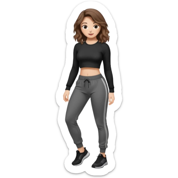 Girl with brown wavy hair, dream body ( small waist, wild hips and big glute) in black long sleev sticky top, grey jogger sticker