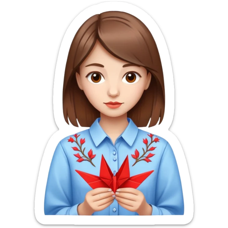 Ukrainian young girl with brown hair wearing an embroidered shirt holds an origami red crane sticker