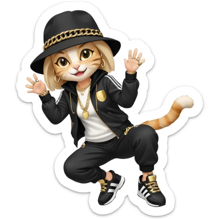 female cat dressed like Run DMC with tracksuit, fedora, Adidas shoes, lots of gold chains, rings, bracelets, earrings, laughing, looking up, no sunglasses sticker
