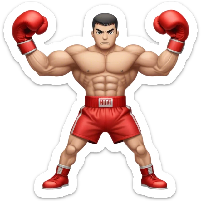 A locomotive train with human-like muscular arms, wearing red boxing gloves, standing in a fighting stance, determined expression, cartoon-style. sticker