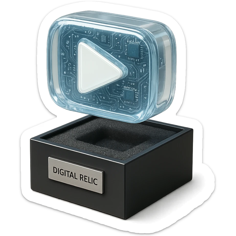 white youtube play button placed in the center of a sleek black acrylic box, like a collectible or museum artifact, foam padding, small engraved nameplate that says “Digital Relic”, soft ambient lighting, real-world texture sticker