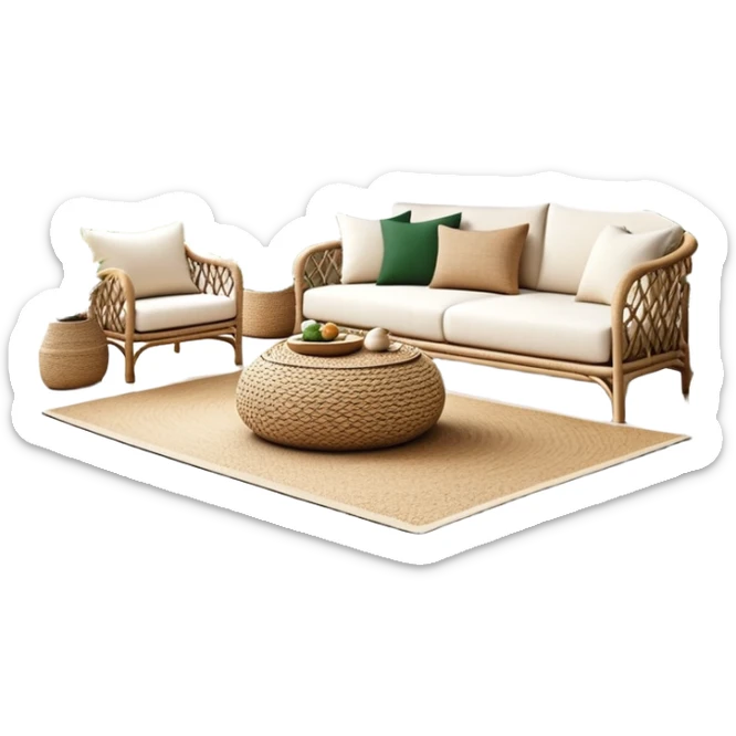 modern boho living room with many indoor plants, rattan furniture, white walls, and natural light sticker