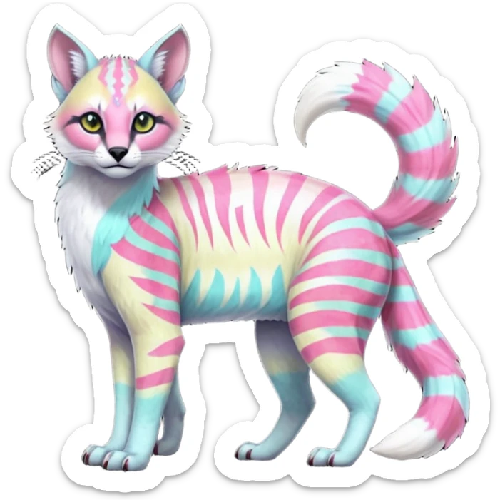 Colorful tropical tribal pale light fruity pastel white glorious iridescent divine exotic cute albino neon vibrant zigzagged cool beautiful fantasy-caracal-civet-genet-sergal-vernid-Gryphon-Cacomistle-Trico-oncilla-animal-Fakémon-hybrid-fursona (full body), facial markings,  sticker