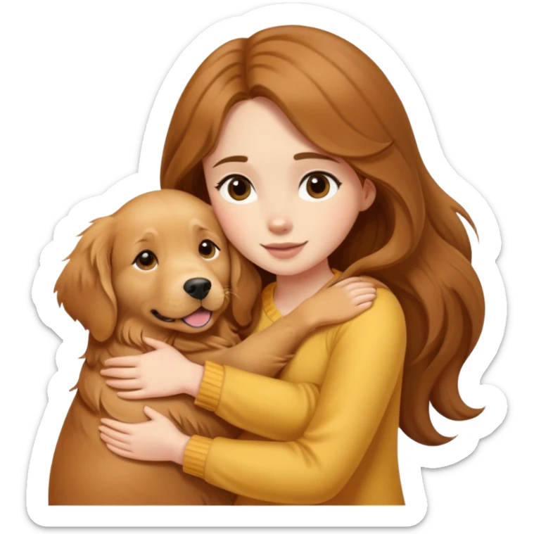 A girl with long  hair tightly hugged a dog sticker