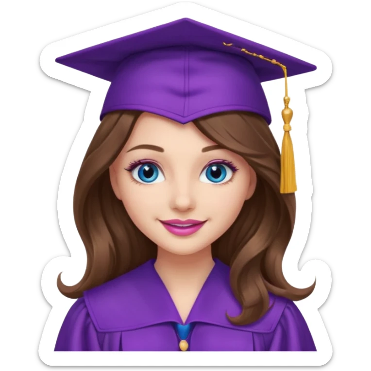girl with long wavy brown hair, blue eyes, long lashes makeup, sexy pink lips, wearing a purple graduation cap and gown sticker