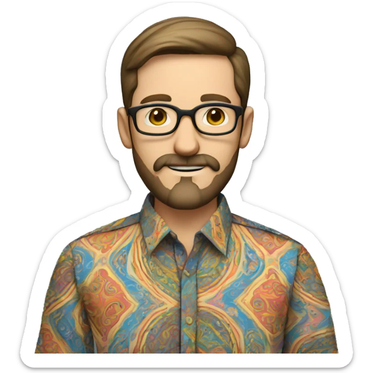 a male teacher with pale skin, black round glasses, brown hair, a beard and moustache, wearing a paisley colorful shirt sticker