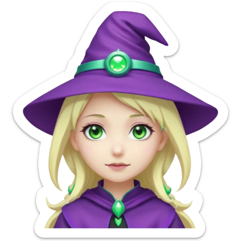 Make a blonde girl with green glowing headset on with teal eyes and a purple haired girl with green eyes waering a purple wit hes hat haveing fun , make them a chibi emoji page anime style sticker