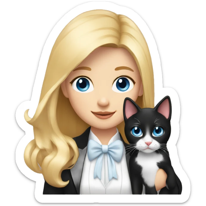 girl with blonde hair and blue eyes with a tuxedo cat in her hands sticker